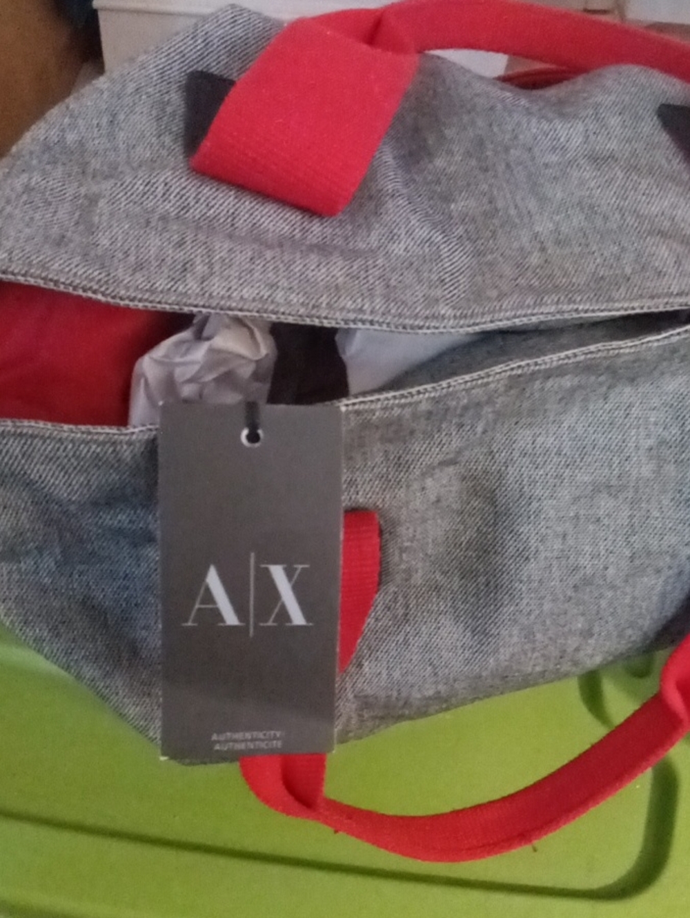 Armani Exchange Grey Duffel Bag with Red Handles